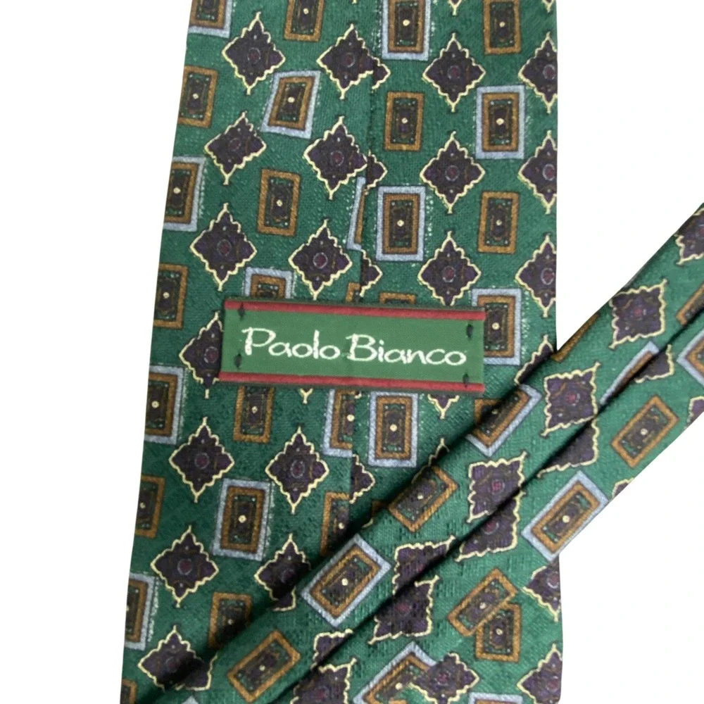 VTG Paolo Bianco Necktie Mens Geometric‎ Medallion Silk Green Dark Academia 55x4